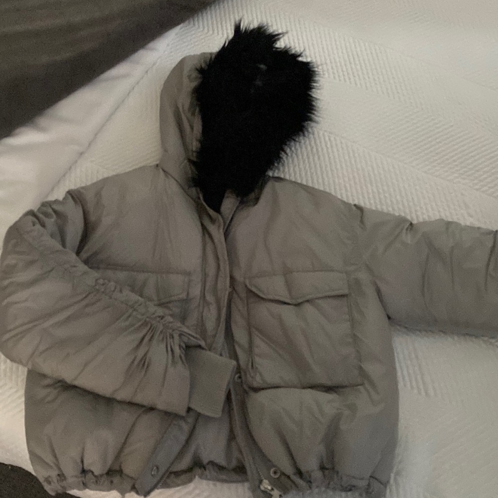 Womens silver puffer jacket with detachable fur